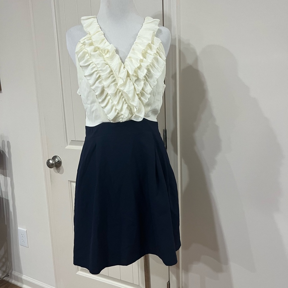 Pink Owl Ruffled Cream and Navy Mini Dress